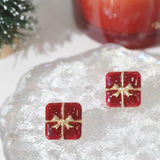 【Stud Earrings】Red Enamel Gift - Box Earrings with Gold Bow, Chic Jewelry for Girls
