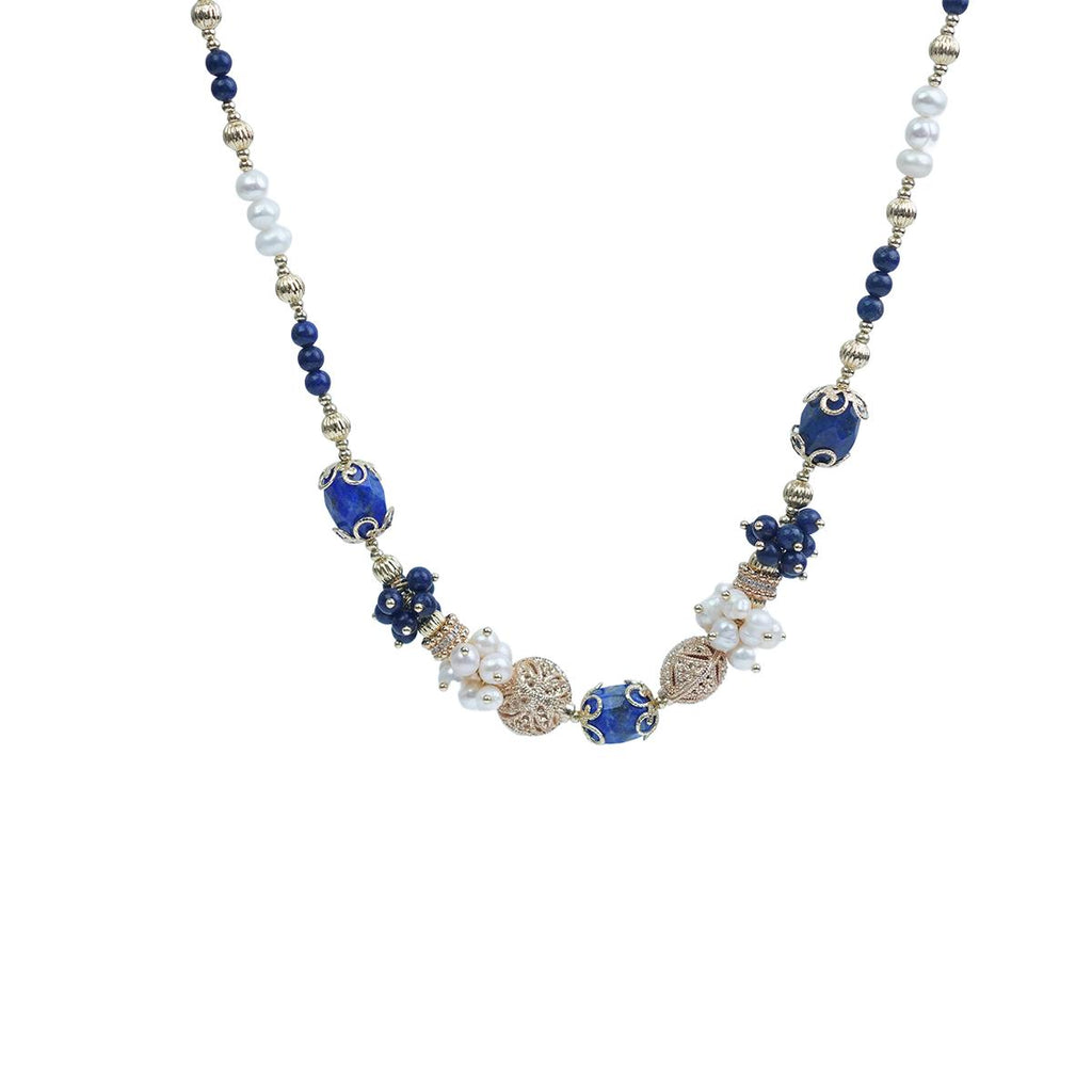【Earrings&Necklace】Elegant Lapis Lazuli & Pearl Jewelry Set for Graceful Women, Charming Blue-White Design