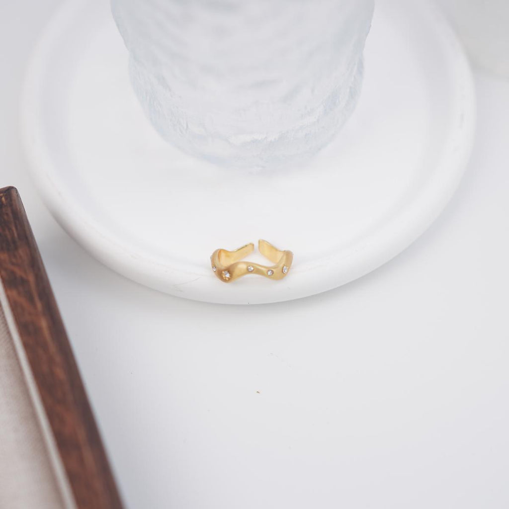【Open Ring】Gold Plated Brass Ring with Zircon Accents, Irregular Chic Design, Trendy Daily & Party Jewelry for Women