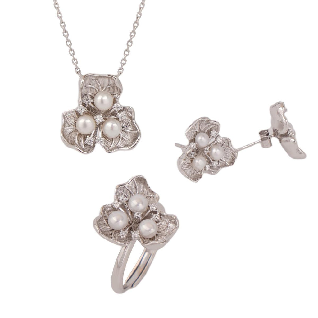 【Jewelry Set】Silver-Made Floral with Natural Freshwater Pearl Jewelry Set, Necklace, Earrings, Ring, Delicate Elegant Jewelry Set for Women
