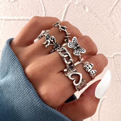 Punk Vintage Silver Color Poker Billiards Ring Set for Women Gothic Heart Anillos Hip Hop Korean Fashion Male Gift Jewelry