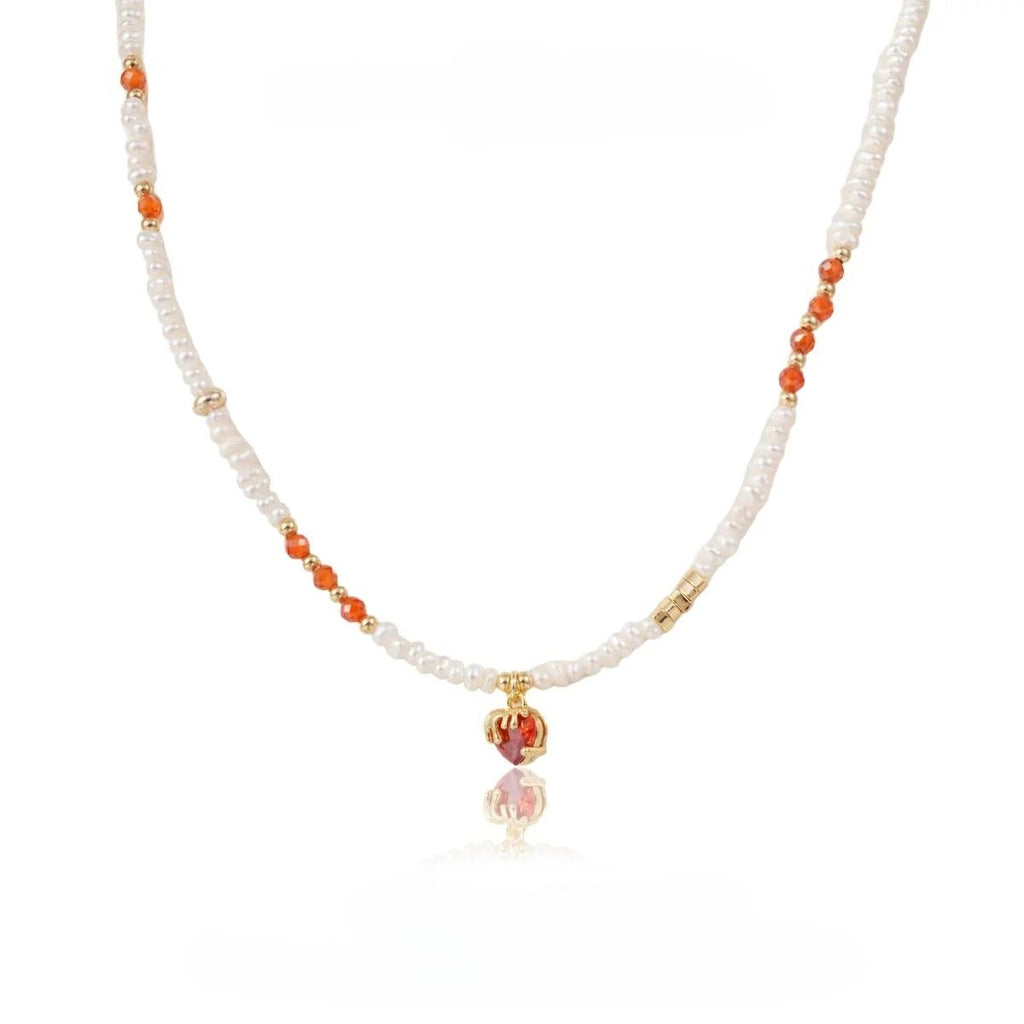 【Pendant Necklace】Red Crystal Copper Chain Natural Freshwater Pearl Beaded Pendant Necklace, Retro Elegant Jewelry Gift for Women