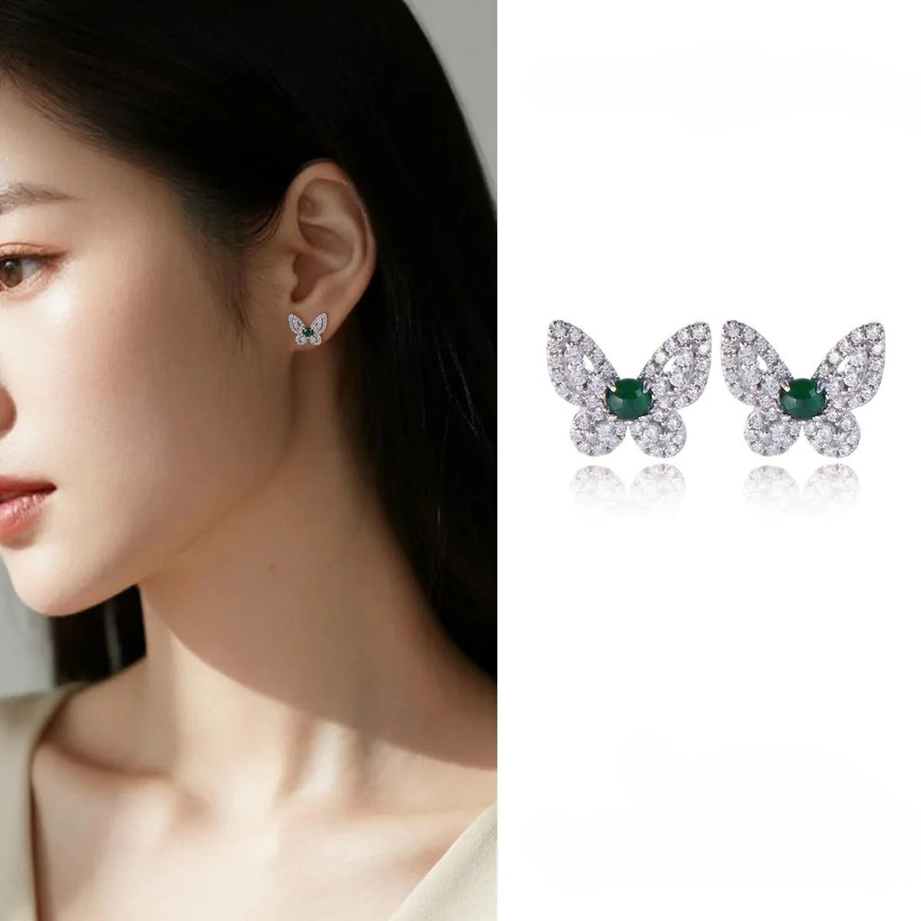 【Stud Earrings】Butterfly Design Green Jade Zirconia Cluster Stud Earrings Elegant Nature-Inspired Jewelry wonderful gifts for Women