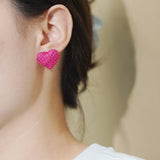 【Stud Earrings】Pink & White Knitted Heart Studs,Cute Sweet Style for Young Women