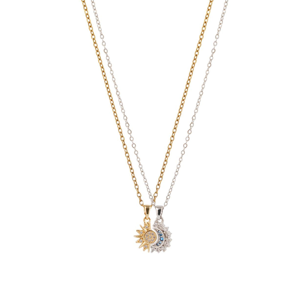 【Pendant Necklace】2 in 1 Gold Silver-Tone Crystal Zirconia Sun Moon Double Chain Pendant Celestial Two-Layer Elegant Accessory for Women