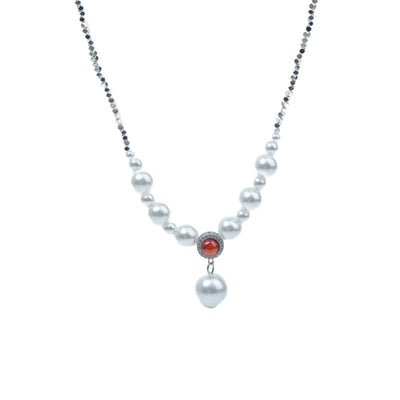 【Pendant Necklace】 Silver-Tone Copper Chain with Red Zircon & Graduated Pearls - Layered Pendant Necklace for Women, Minimalist Elegant Jewelry