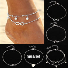 Laden Sie das Bild in den Galerie-Viewer, 5 Pieces /Set Fashion New Stainless Steel Heart Pendant Anklet Girl Summer Beach Ankle Bracelet Women Accessories Jewelry Gift