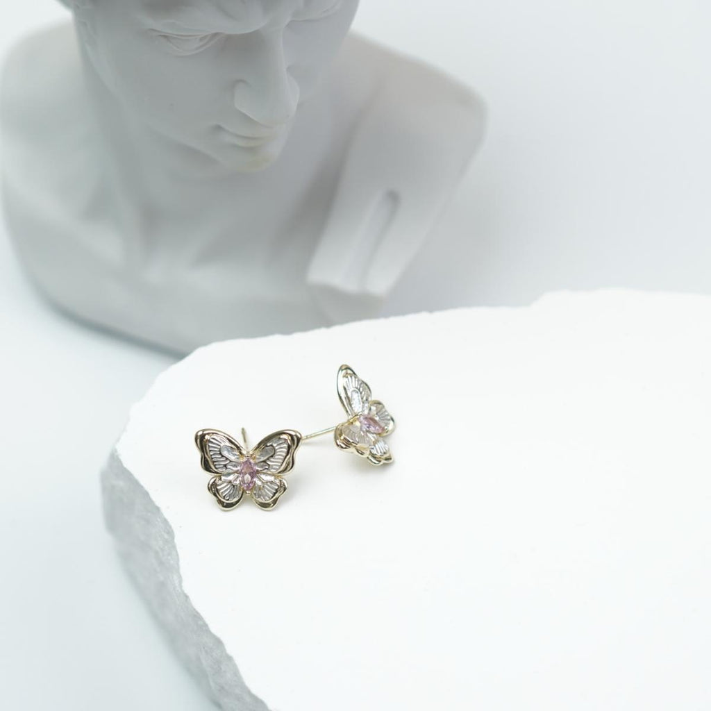 【Stud Earrings】Gold-Plated Butterfly Earrings with Clear Zircon & Pink Gemstones, Shiny Romantic Design for Women
