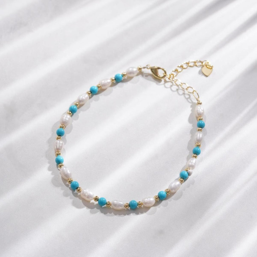 【Bracelet】Turquoise Stones Natural Pearls Bracelet, Copper Chain Lightweight Design Elegant Bracelet for Ladies
