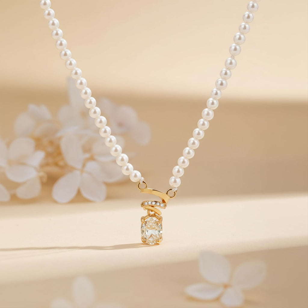 Pearl & Zirconia Necklace for Women, 14K Gold Plated 925 Sterling Silver, Adjustable Chain with Crystal Pendant,  Lightweight Elegant Jewelry for Daily Wear