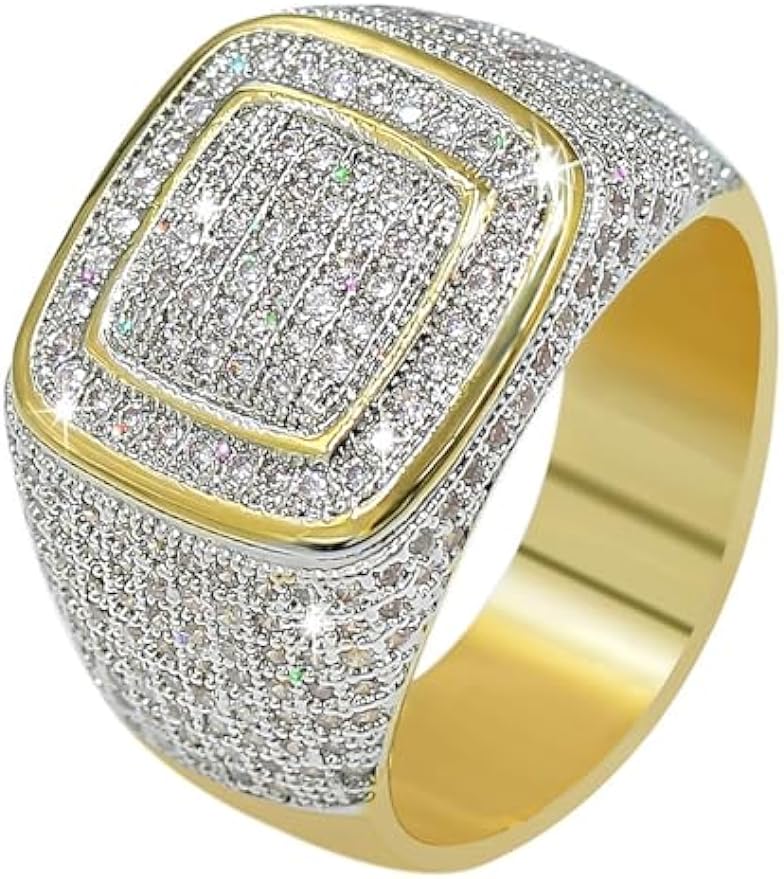 YOSZO Men Ring 14K Gold Cluster Iced Out Lab Simulated Diamond Band Micropave Bling Ring for Women