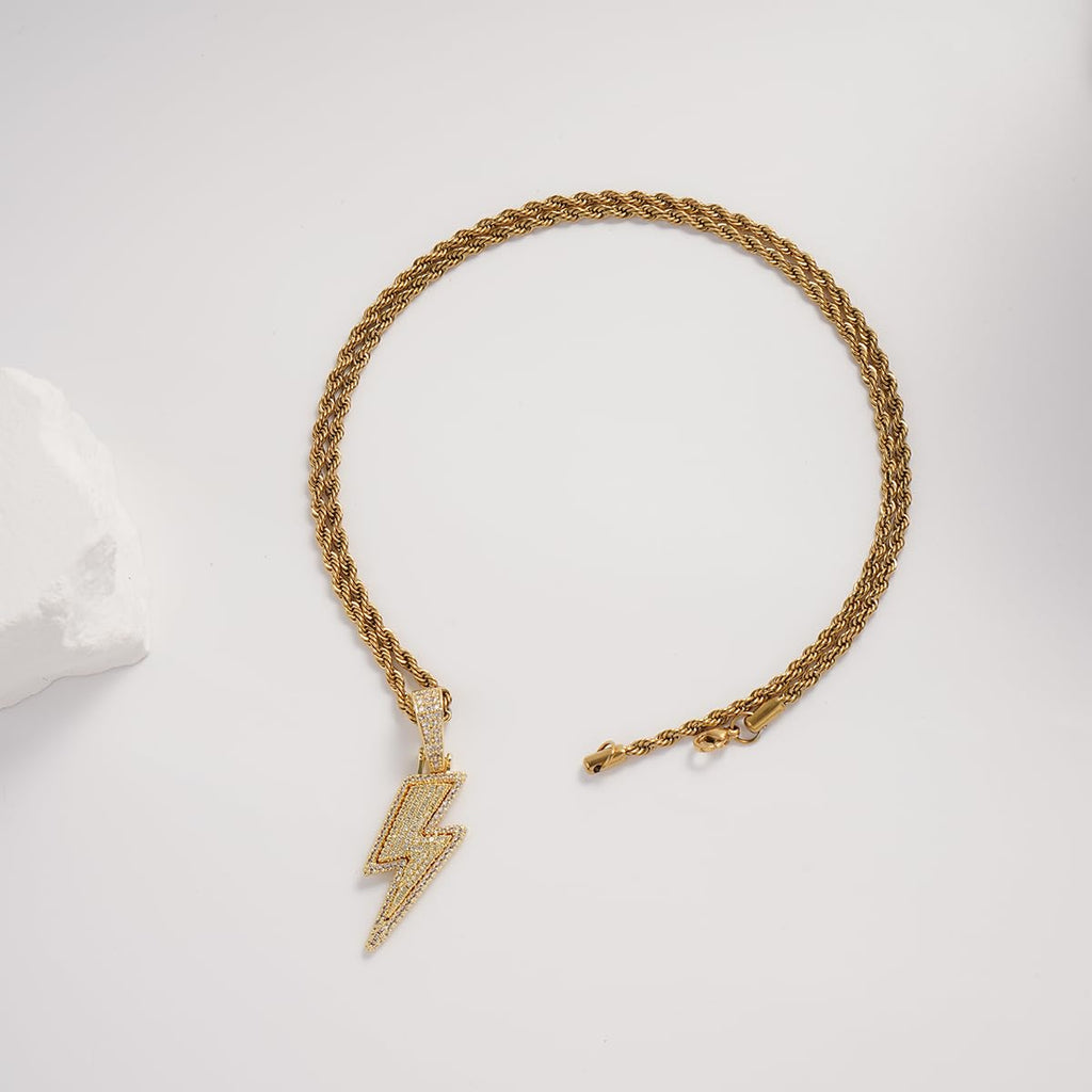 Lightning Bolt Pendant Necklace Gold Plated Brass Cubic Zirconia Iced Out Hip Hop Jewelry Gift for Men Women