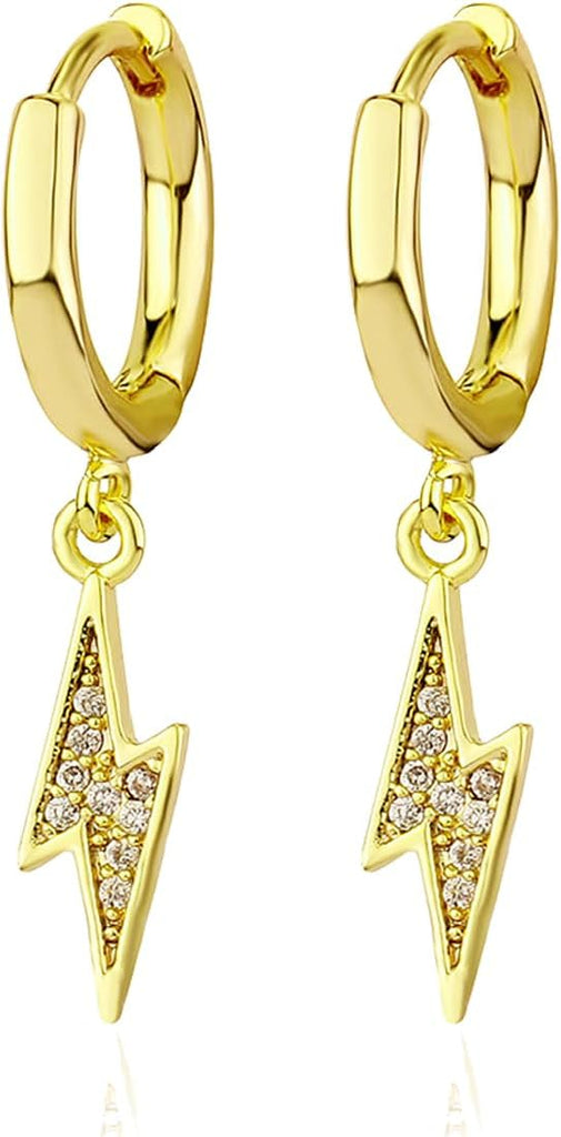 YOSZO Lightning Bolt Dangle Earrings 14K Gold 5A+ Cubic Zirconia Hanging Hoop Lightning Drop Cool Dangling Earrings For Men Women Trendy