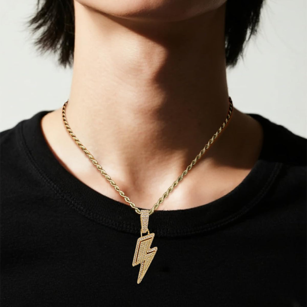Lightning Bolt Pendant Necklace Gold Plated Brass Cubic Zirconia Iced Out Hip Hop Jewelry Gift for Men Women