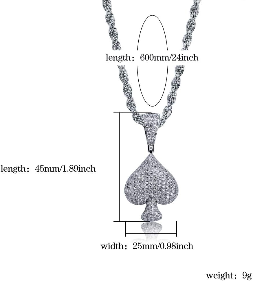 YOSZO Iced Out Club Diamond Heart Spade Playing Cards Simulated Lab diamonds Pendant Necklace