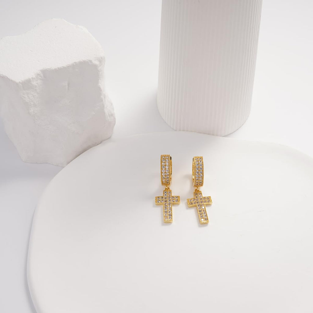 Cubic Zirconia Gold Silver Cross Dangle Earrings Hypoallergenic Sparkling Symbolic Gift for Women
