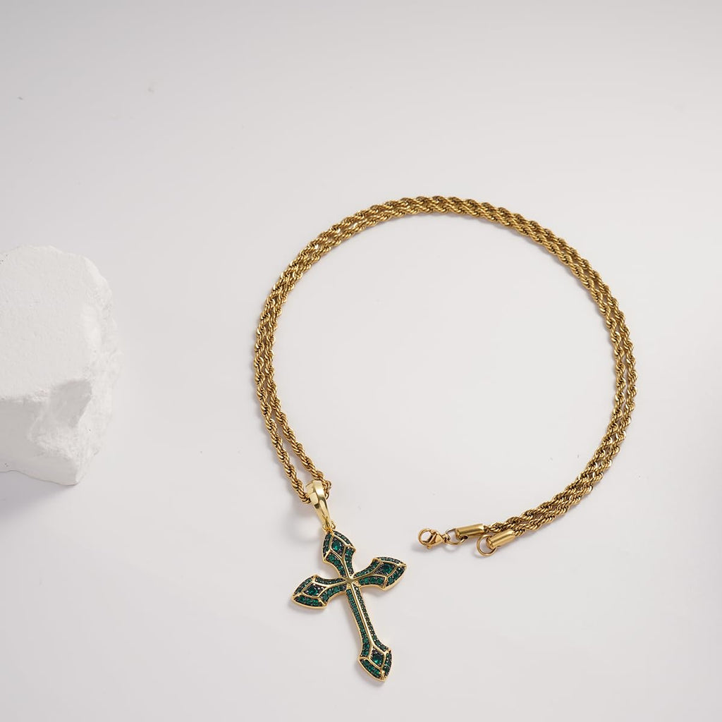 3 Colors Cross Pendant Necklace Silver/Black/Green Iced Out Copper Zircon Hip Hop Jewelry Gift for Men Women