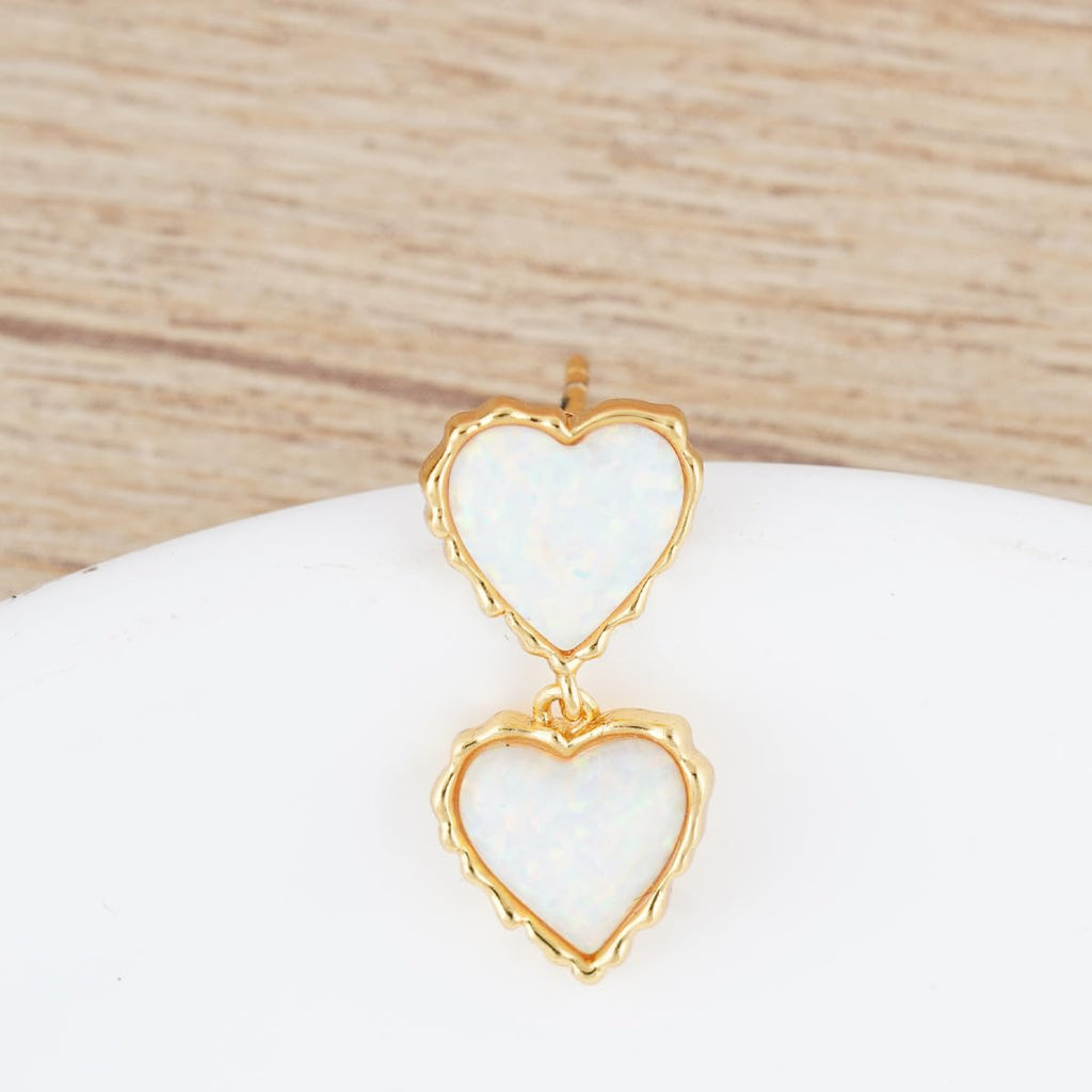 Single Drop Earring for Women, 14K Gold Plated 925 Silver Double Heart Opal Earring, Minimalist Ear Curation Jewelry, Unique Romantic Gift for Her