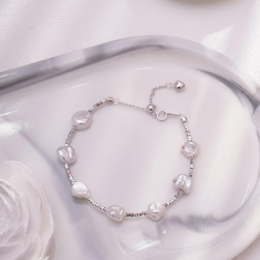 Baroque Natural Pearl Silver Bracelet with Irregular Pearl, Classic Lightweight Design for Women Everyday Wear