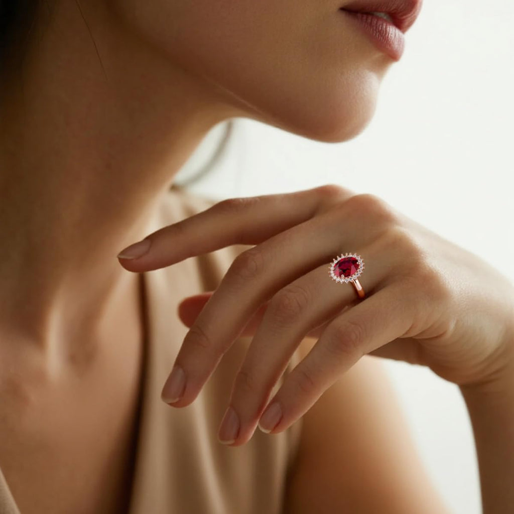 Red Ruby Adjustable Ring for Women, 14K Rose Gold Plated 925 Sterling Silver Ring with Gemstone & Zirconia Halo, Promise Ring for Her