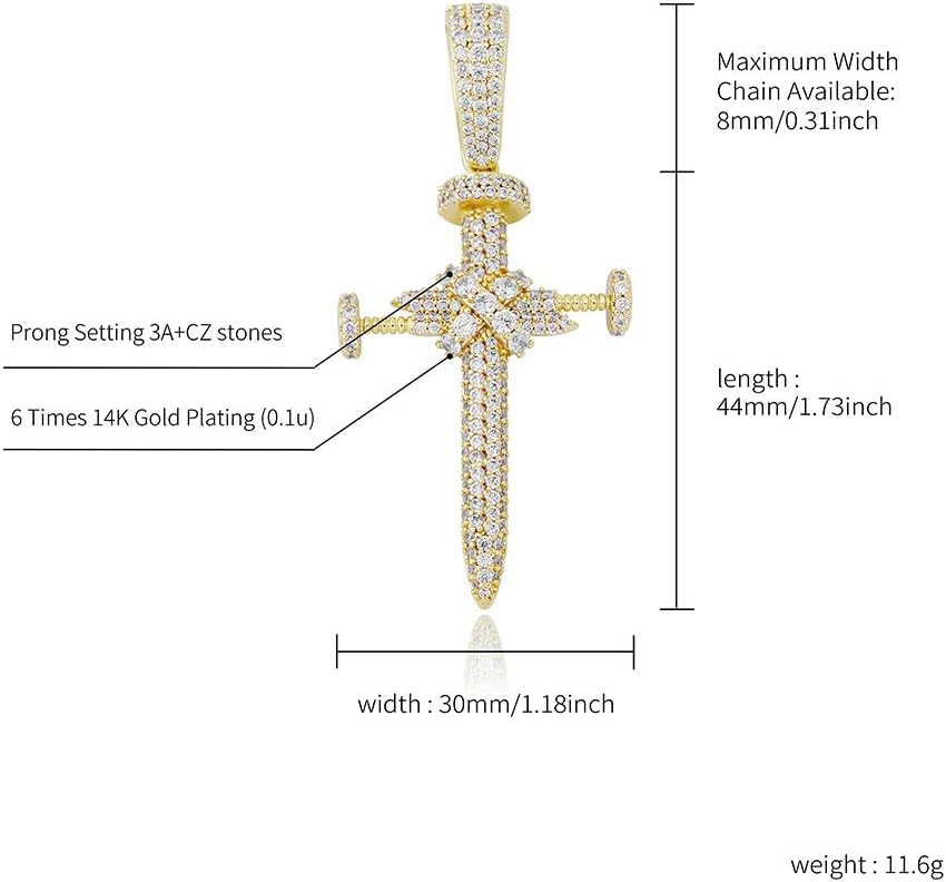 YOSZO Hip Hop Iced Out CZ Nail Cross Necklace 18K Gold Plated Simulated Diamond Pendant for Men