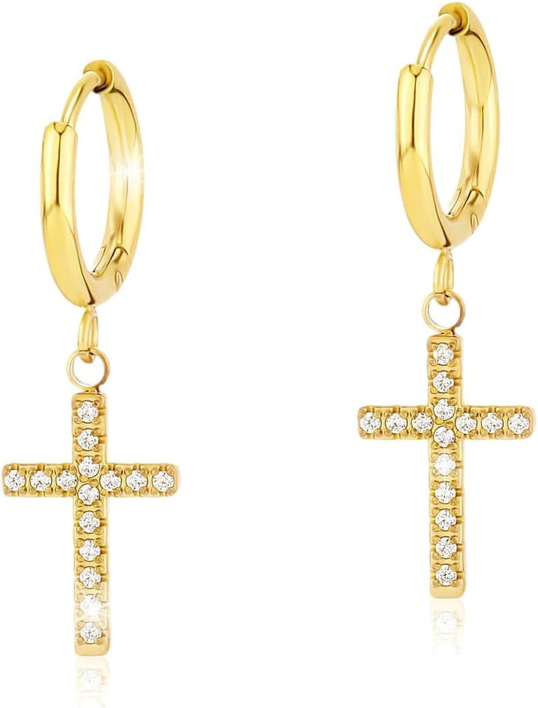 YOSZO Cross Hoop Dangle Earrings 14K Gold 5A+ Cubic Zirconia Cartilage Hypoallergenic Sterling Silver Cross Dangle Drop Earrings For Men Women