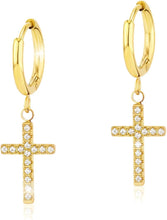 Carregar imagem no visualizador da galeria, YOSZO Cross Hoop Dangle Earrings 14K Gold 5A+ Cubic Zirconia Cartilage Hypoallergenic Sterling Silver Cross Dangle Drop Earrings For Men Women