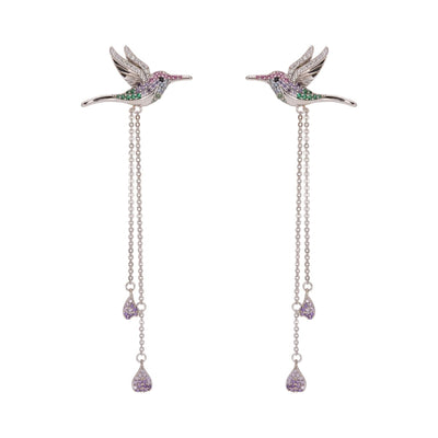 Tropical Bird Drop Earrings for Women, S925 Sterling Silver Colorful Zirconia Bird Design with Lavender Teardrop Chains, Rainforest Inspired Dangling Earrings, Bold Romantic Jewelry Gift