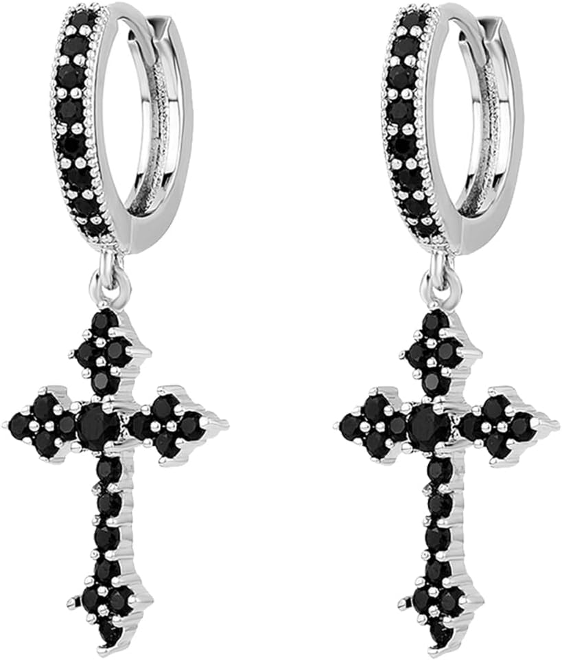 YOSZO Black Cross Hoop Dangle Earrings 14K Silver 5A+ Black Cubic Zirconia Cartilage Sterling Silver Cross Dangle Drop Earrings For Men Women Hypoallergenic