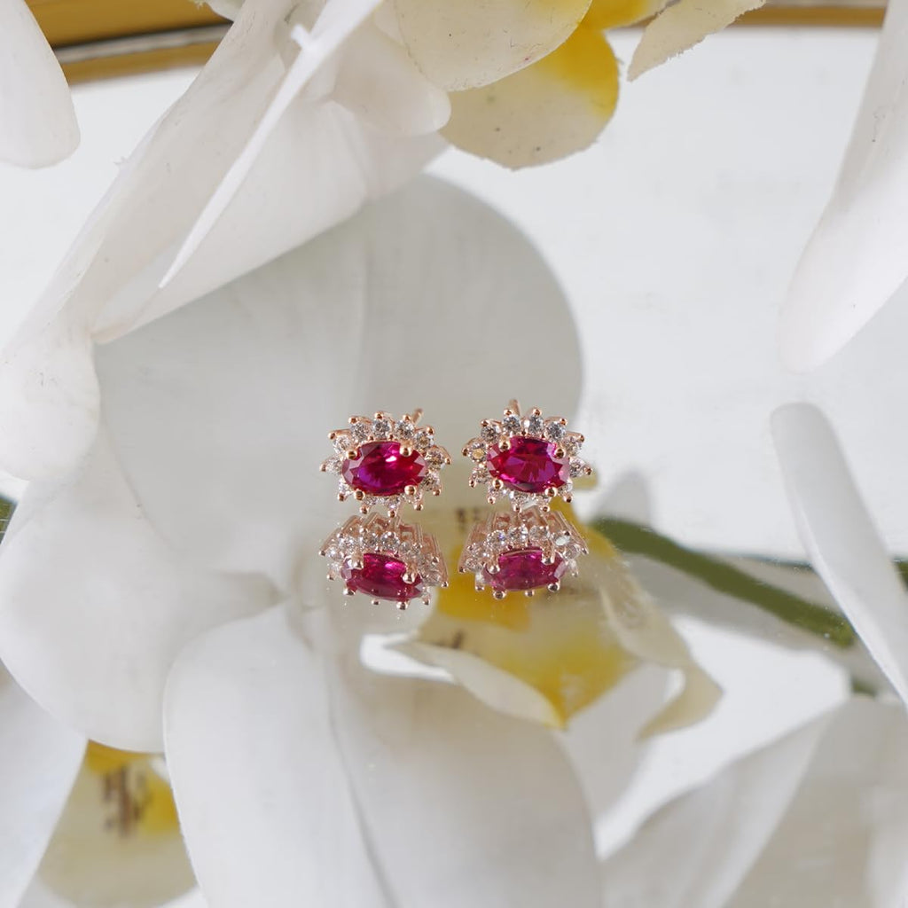 Vintage Halo Oval Stud Earrings for Women, 14K Rose Gold Plated 925 Sterling Silver with Ruby Gemstone & Zirconia, Elegant Gift for Her