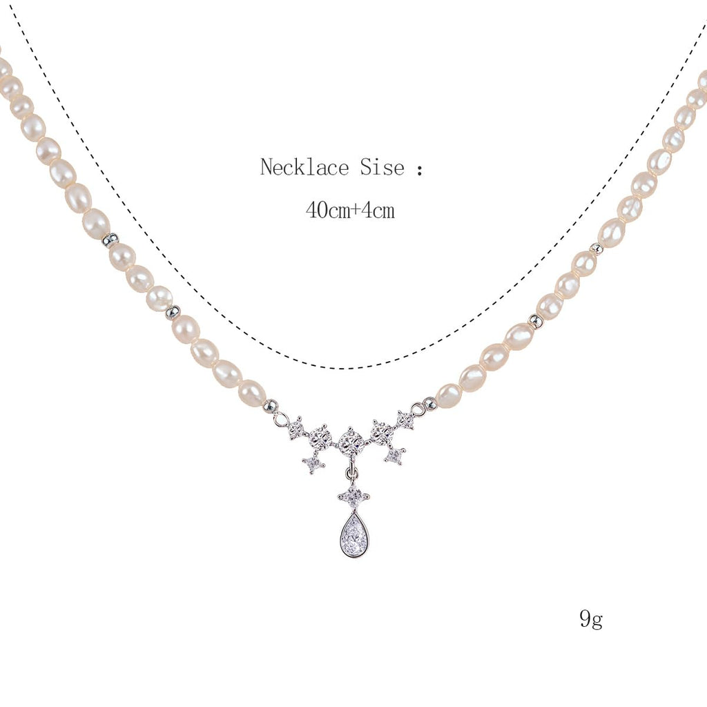 Pearl Necklace for Women, Silver Plated Brass Chain with Freshwater Pearl Beads & Geometric Zirconia Pendant, Adjustable Gift for Her