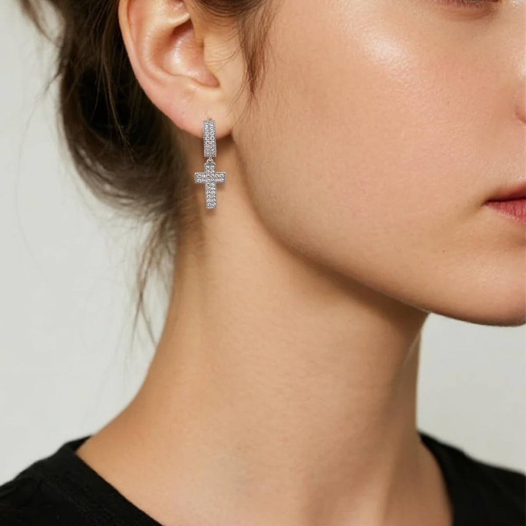 Cubic Zirconia Gold Silver Cross Dangle Earrings Hypoallergenic Sparkling Symbolic Gift for Women