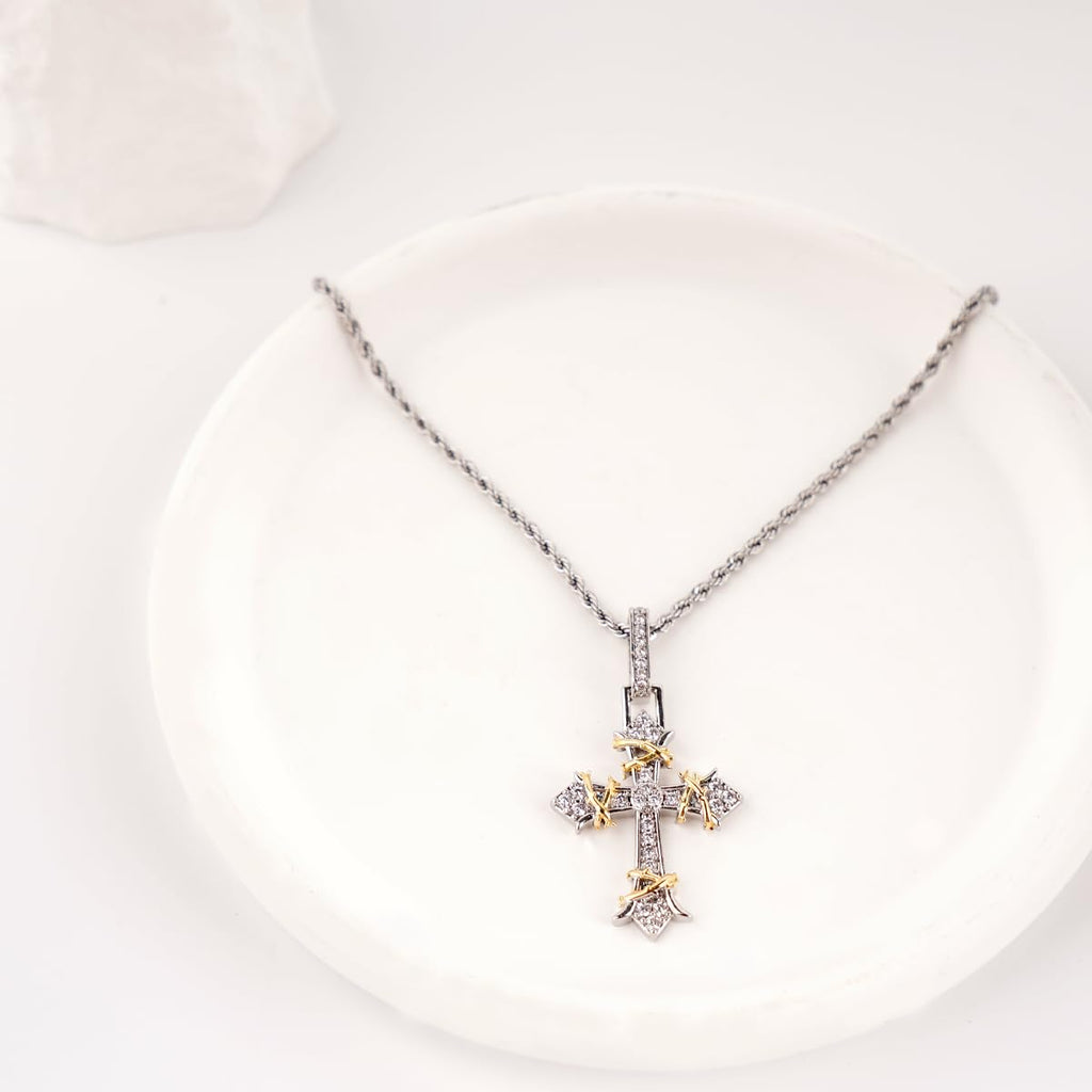 Two Tone Cross Pendant Necklace Gold Silver Plated Brass Cubic Zirconia Iced Out Hip Hop Jewelry Gift for Men Women
