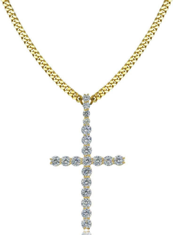 YOSZO 14K Gold&Silver Plated Iced out CZ 3" Lab Diamond Cross Pendant Chain for Men and Women