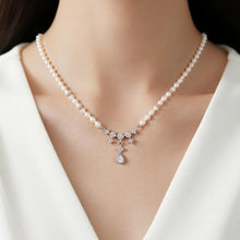 Load image into Gallery viewer, Pearl Necklace for Women, Silver Plated Brass Chain with Freshwater Pearl Beads &amp; Geometric Zirconia Pendant, Adjustable Gift for Her