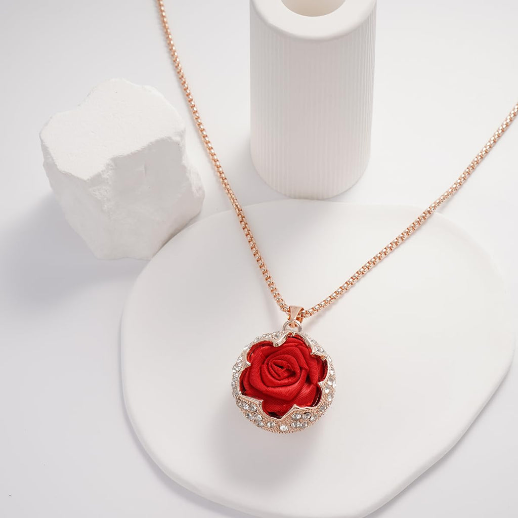 Rose Flower Pendant Necklace Rose Gold Plated Copper Crystal Zircon Floral Charm Chain Elegant Jewelry Gift for Women