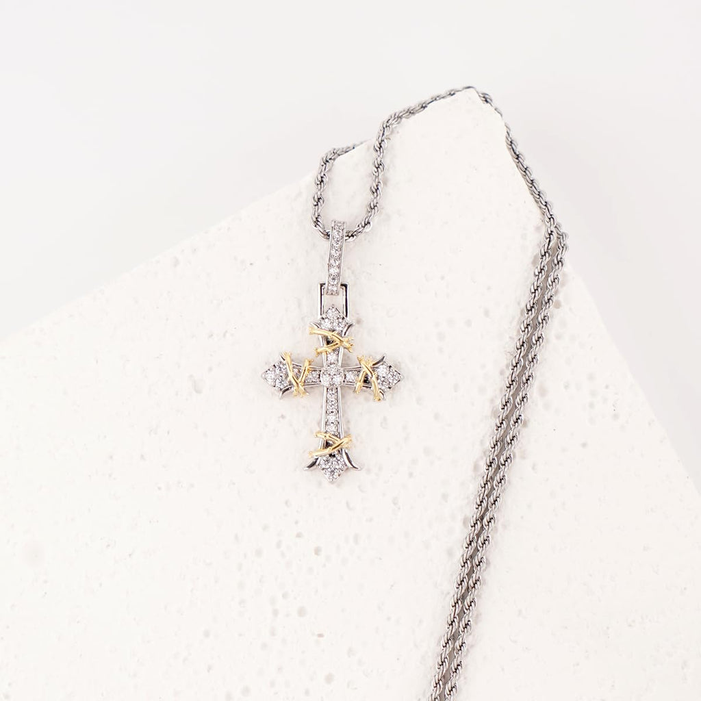 Two Tone Cross Pendant Necklace Gold Silver Plated Brass Cubic Zirconia Iced Out Hip Hop Jewelry Gift for Men Women