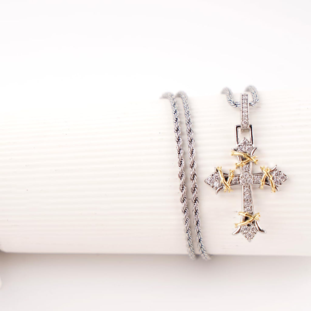 Two Tone Cross Pendant Necklace Gold Silver Plated Brass Cubic Zirconia Iced Out Hip Hop Jewelry Gift for Men Women
