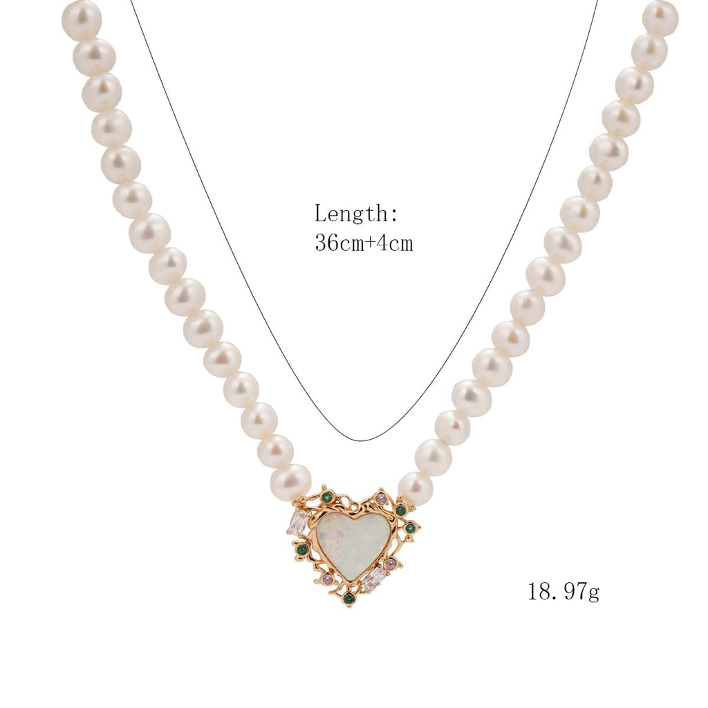 Pearl & Opal Heart Necklace for Women, 14K Gold Plated 925 Sterling Silver, Adjustable Chain with Iridescent Opal & Multi-Color Zirconia, Luxury Birthstone Jewelry Gift