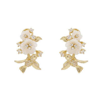 Tropical Rainforest Stud Earrings for Women, 14K Gold Plated S925 Silver Flying Bird & Floral Zircon Earrings, Hypoallergenic Resort Wedding Jewelry Gift