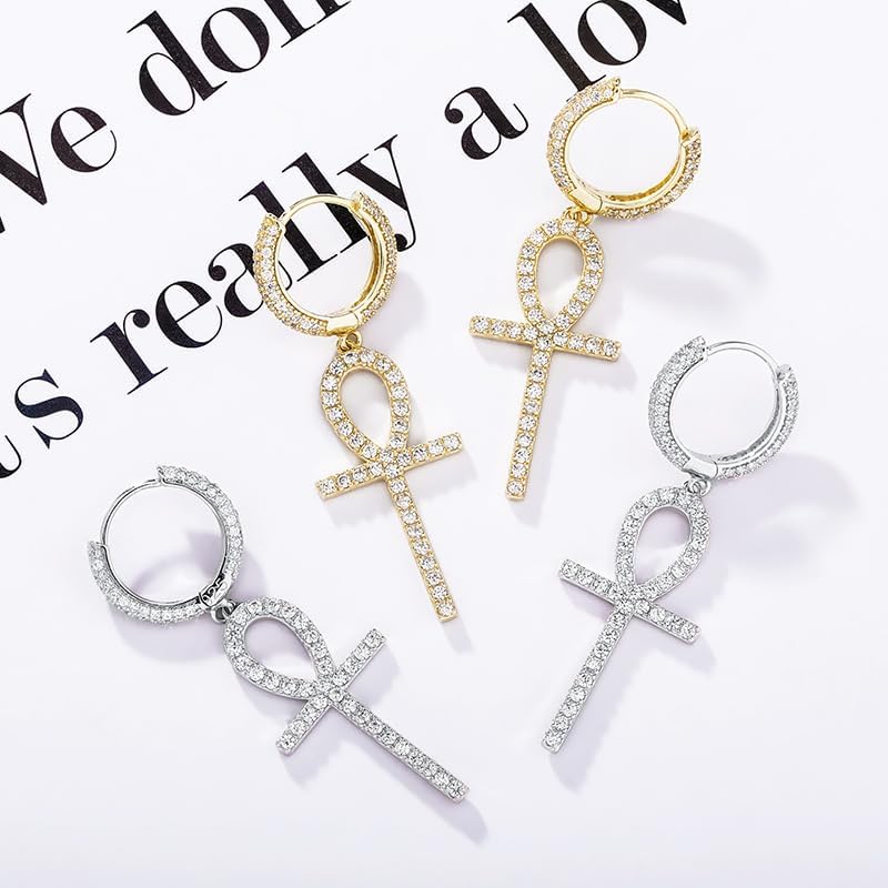 YOSZO Cross Hoop Dangle Earrings 925 Sterling Silver 5A+ Cubic Zirconia 14K Gold Hypoallergenic Cross Hoop Cuff Huggie Drop Earrings For Men Women