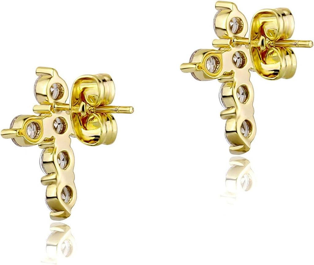 Cross Earrings 14K Gold Plated Dainty Girls Cross Stud Earrings for Women Cubic Zirconia Religious Mens Earring Studs