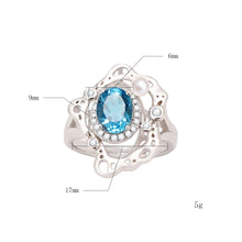 Load image into Gallery viewer, Light Blue Topaz Birthstone Adjustable Ring, December Birthstone 925 Sterling Silver Ring with Zircon Halo, Size 7 Wave Design Coastal Jewelry Gift for Women