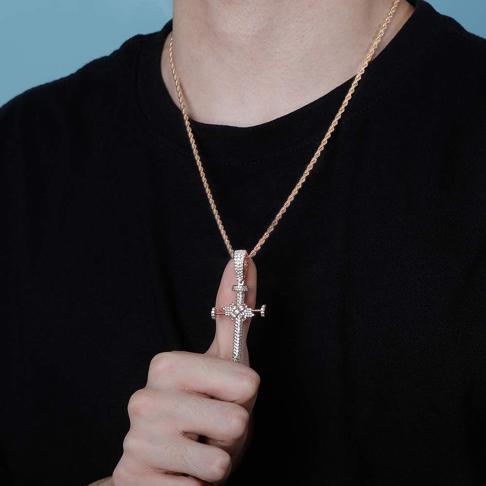 YOSZO Hip Hop Iced Out CZ Nail Cross Necklace 18K Gold Plated Simulated Diamond Pendant for Men