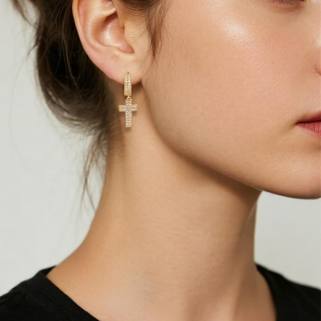 Cubic Zirconia Gold Silver Cross Dangle Earrings Hypoallergenic Sparkling Symbolic Gift for Women