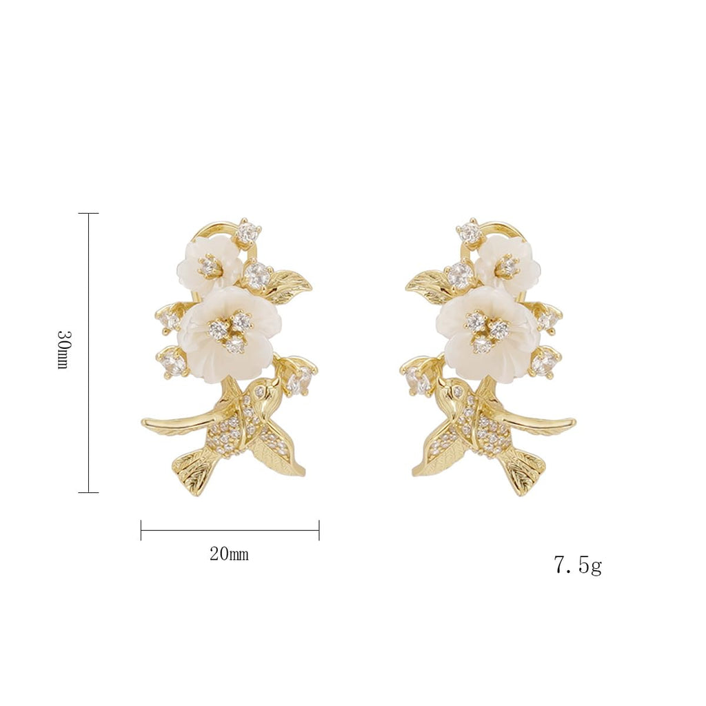 Tropical Rainforest Stud Earrings for Women, 14K Gold Plated S925 Silver Flying Bird & Floral Zircon Earrings, Hypoallergenic Resort Wedding Jewelry Gift