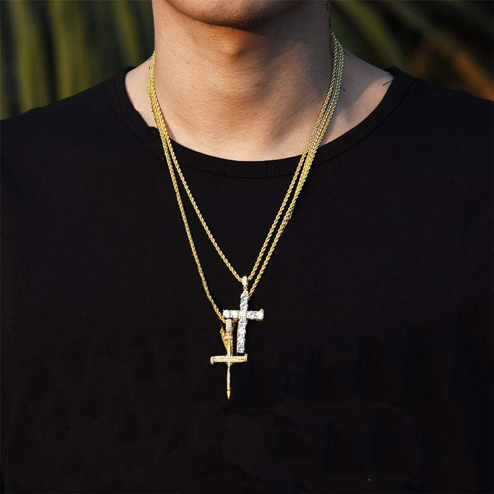 YOSZO 18K Gold Plated Iced Out Cubic Zirconia Classic Ankh Nail Mini Cross Egyptian Pendant Necklace Hip Hop Jewelry for Men Women with Stainless Rope Chain