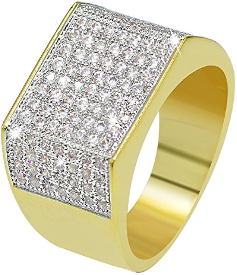 YOSZO 18k Gold Plated Hip Hop Iced Out Square Bling Ring Cubic Zirconia Statement Wedding Band Ring for Women Men
