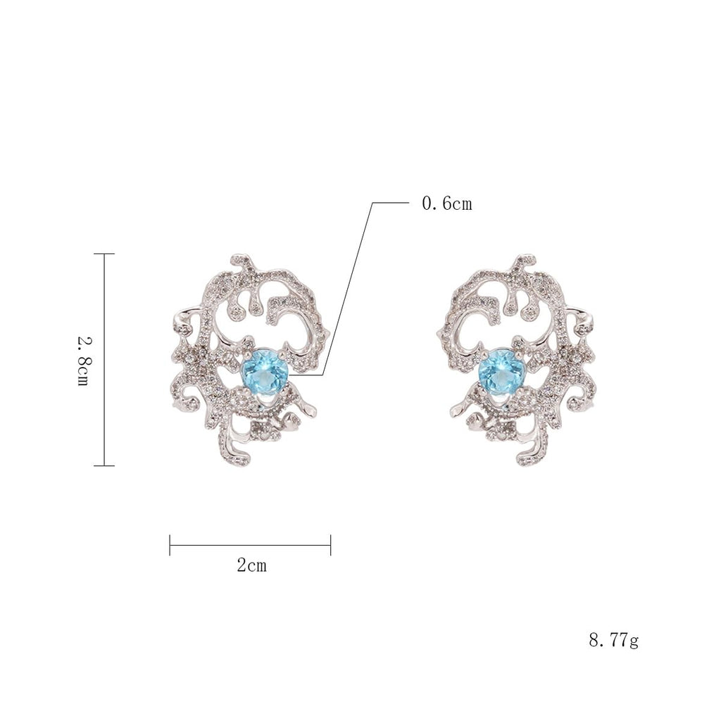 Ocean Wave Stud Earrings for Women, 925 Sterling Silver Earrings with Blue Topaz & Cubic Zirconia, Hypoallergenic Coastal Jewelry, Gift for Her
