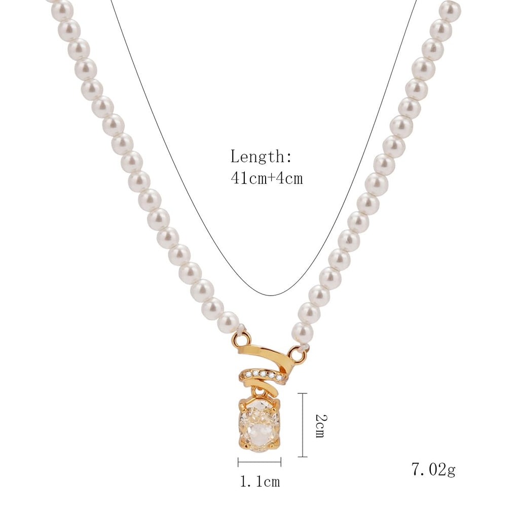 Pearl & Zirconia Necklace for Women, 14K Gold Plated 925 Sterling Silver, Adjustable Chain with Crystal Pendant,  Lightweight Elegant Jewelry for Daily Wear